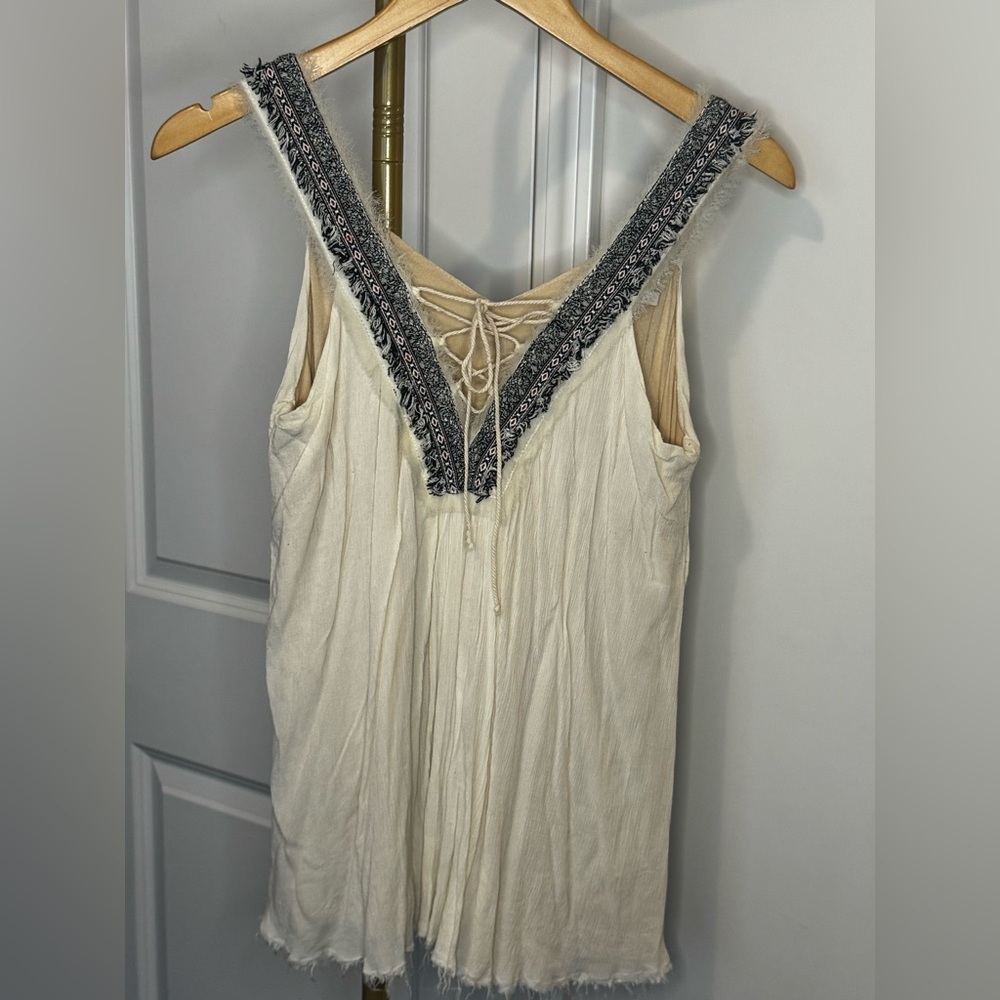 Miss Me Cream Sleeveless Blouse with Lace Accents